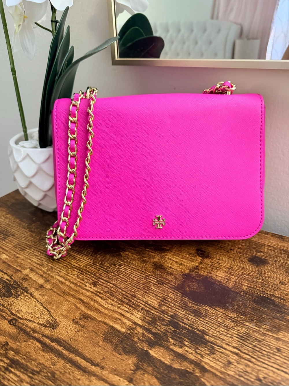 Tory Burch Hot Pink Leather Chain Crossbody Bag